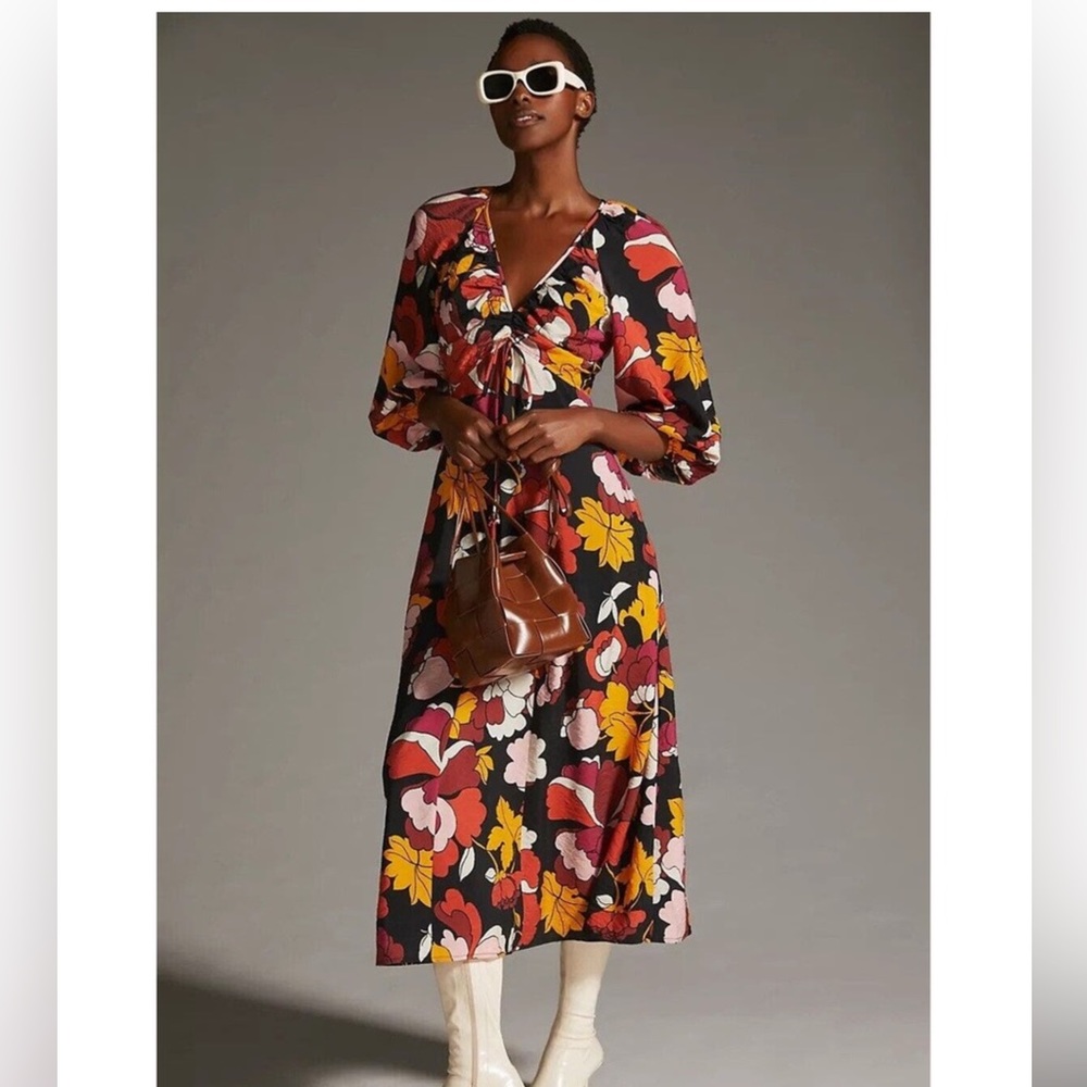 MAEVE by Anthropologie Deep-V Ruched Midi Dress Womens 10 Floral Cottagecore
